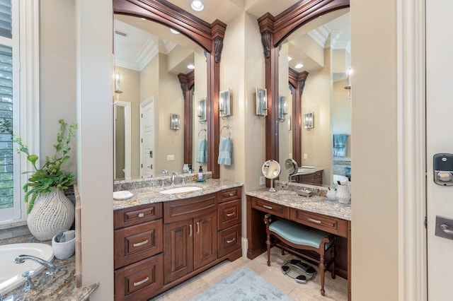 bathroom featuring tile patterned floors, vanity, and crown molding