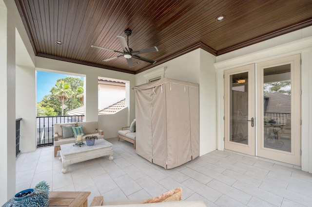 view of patio / terrace with french doors, an outdoor hangout area, and ceiling fan