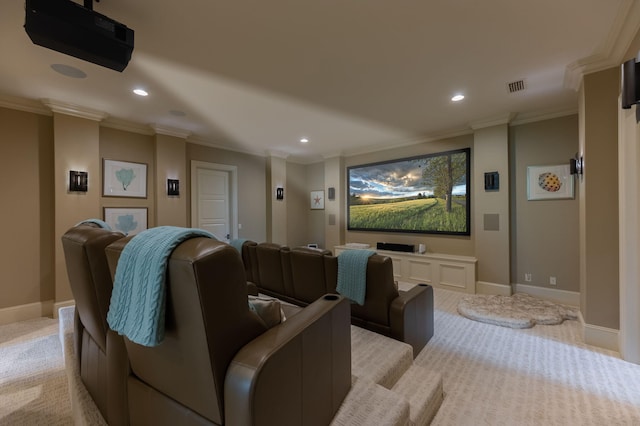 carpeted home theater with crown molding