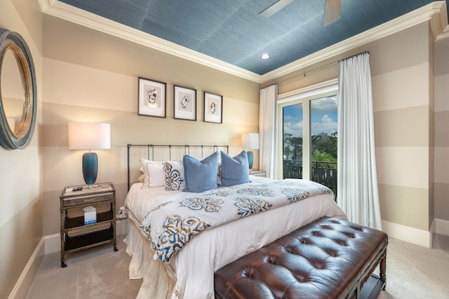 carpeted bedroom with access to outside, ceiling fan, and ornamental molding