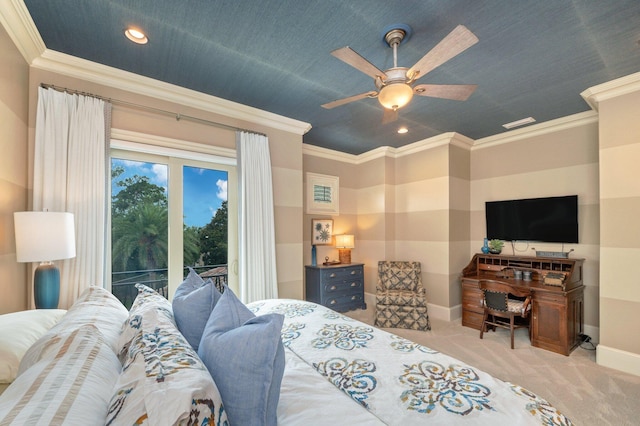 carpeted bedroom featuring access to outside, ceiling fan, and ornamental molding