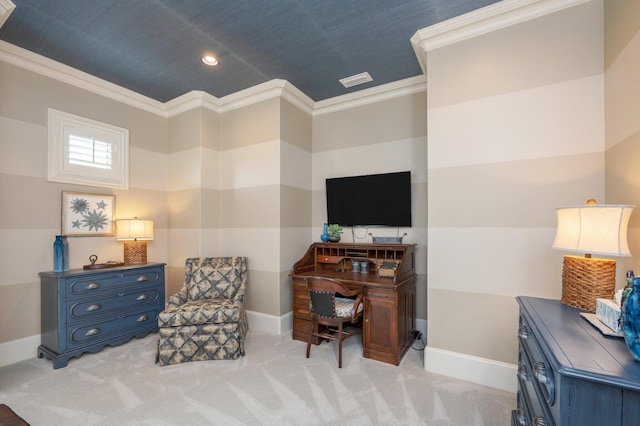 sitting room featuring crown molding and light colored carpet