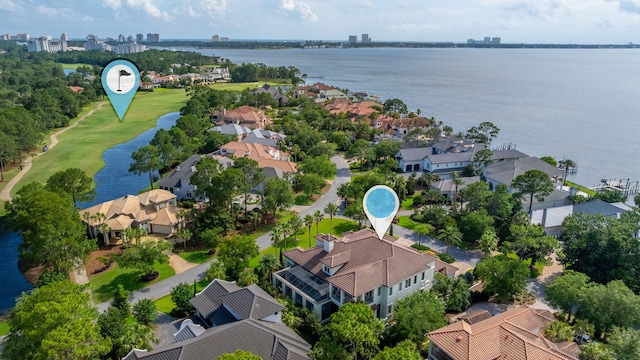 bird's eye view with a water view