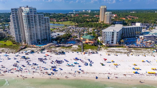 drone / aerial view with a view of the beach and a water view