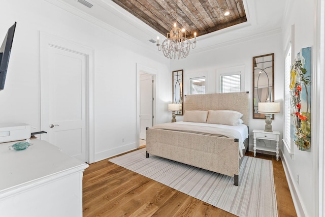 bedroom featuring crown molding, wood-type flooring, wooden ceiling, and a raised ceiling