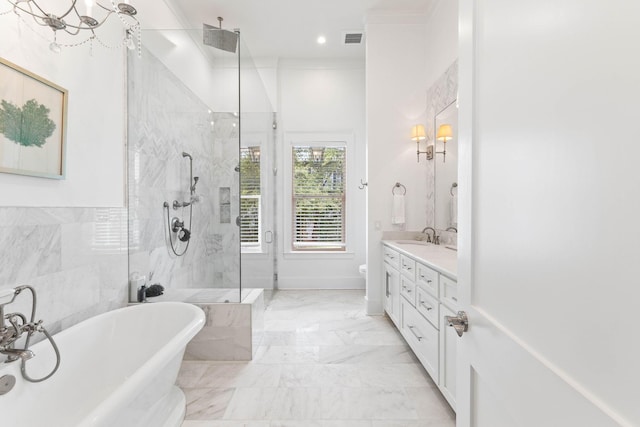 full bathroom with vanity, tile walls, independent shower and bath, and toilet