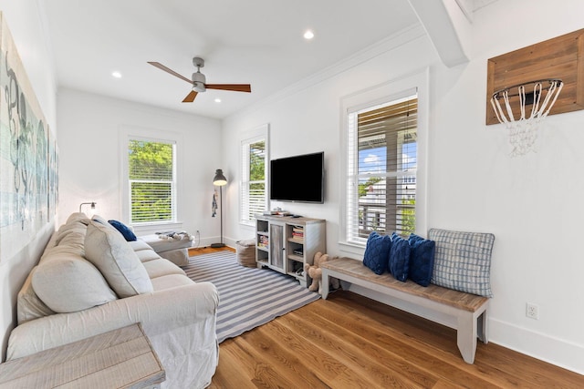 living room featuring crown molding, wood-type flooring, and ceiling fan