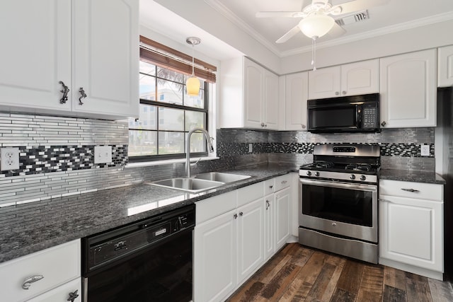 kitchen featuring black appliances, white cabinets, sink, crown molding, and dark hardwood / wood-style flooring