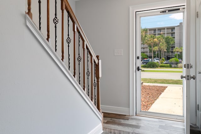 foyer featuring wood-type flooring and a healthy amount of sunlight