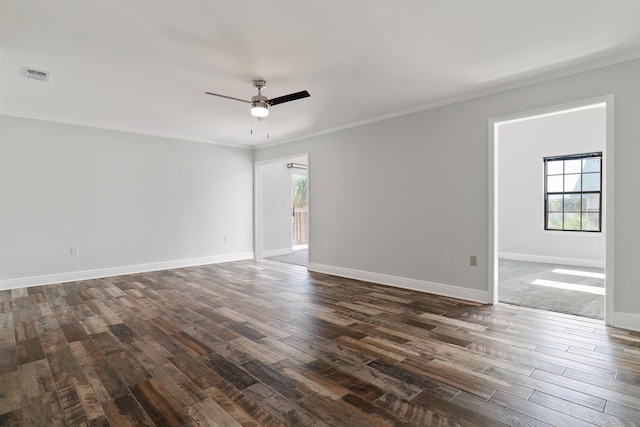 unfurnished room featuring dark hardwood / wood-style floors and ceiling fan