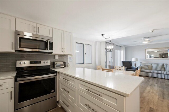 kitchen with ceiling fan with notable chandelier, light hardwood / wood-style floors, backsplash, and appliances with stainless steel finishes