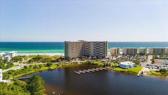 drone / aerial view with a water view