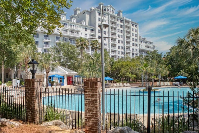 view of swimming pool featuring a patio