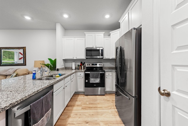 kitchen with sink, white cabinets, light wood-type flooring, and appliances with stainless steel finishes