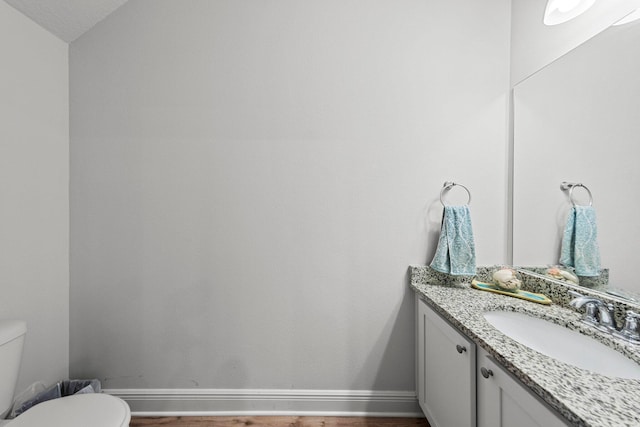 bathroom with hardwood / wood-style flooring, vanity, and toilet