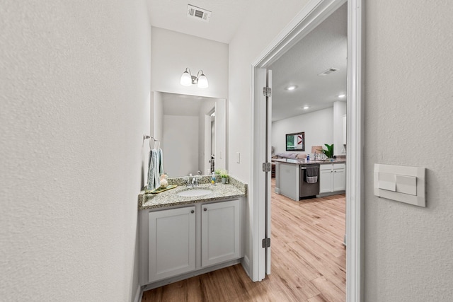 bathroom with wood-type flooring and vanity