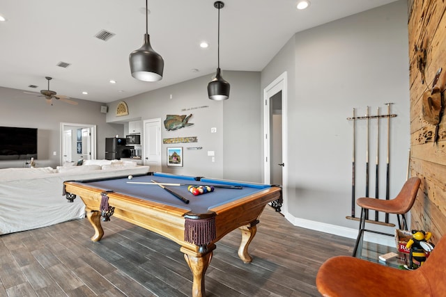 game room featuring ceiling fan, dark wood-type flooring, and billiards