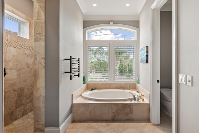 bathroom featuring toilet, a wealth of natural light, and ornamental molding