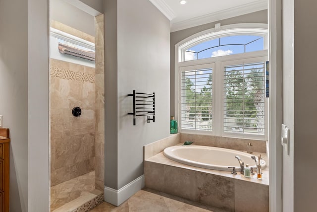 bathroom with separate shower and tub, vanity, tile patterned floors, and crown molding