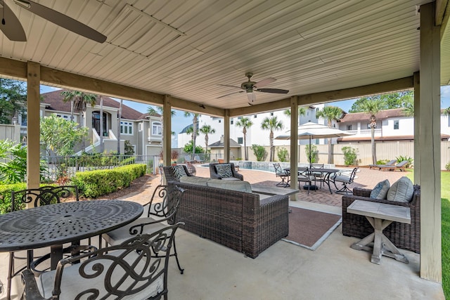 view of patio / terrace featuring ceiling fan and an outdoor hangout area