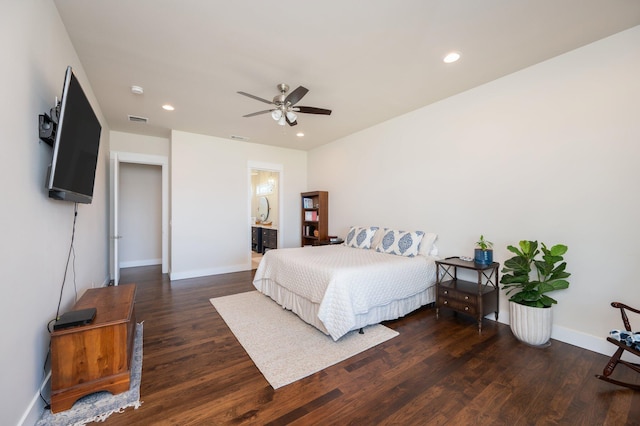 bedroom with dark wood-style floors, baseboards, visible vents, and recessed lighting