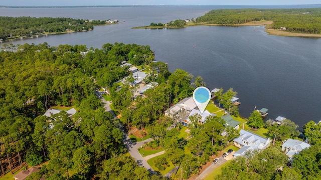 aerial view featuring a water view and a view of trees