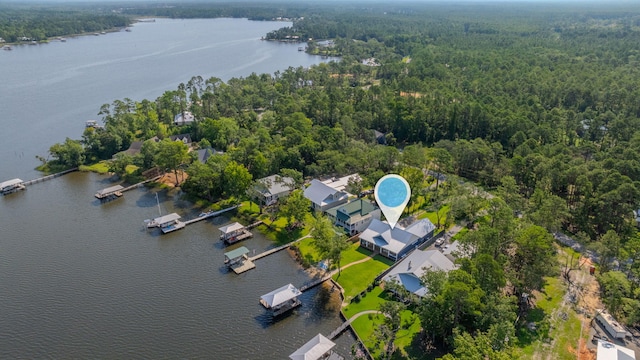 aerial view featuring a water view and a forest view