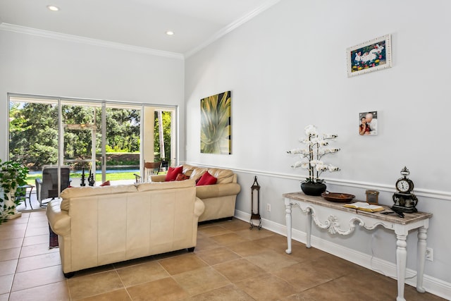 living area featuring recessed lighting, crown molding, baseboards, and light tile patterned floors