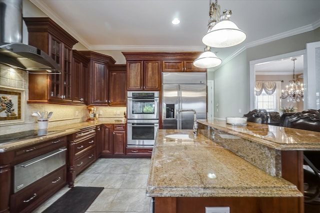 kitchen featuring tasteful backsplash, light tile flooring, wall chimney exhaust hood, sink, and appliances with stainless steel finishes