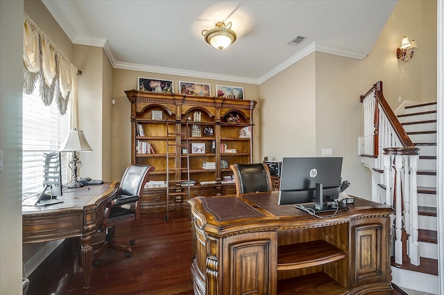 office featuring dark wood-type flooring and ornamental molding