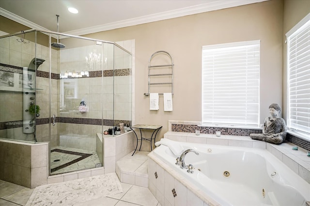 bathroom with tile flooring, ornamental molding, and shower with separate bathtub