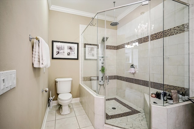 bathroom featuring ornamental molding, toilet, tile floors, and a shower with door