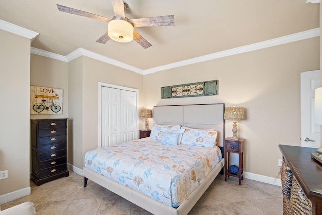 tiled bedroom with a closet, ceiling fan, and crown molding