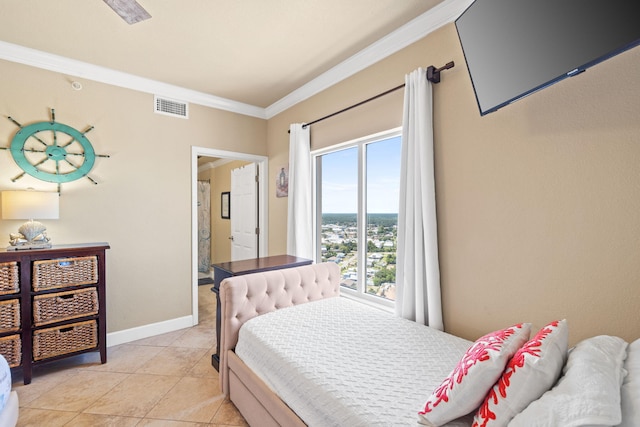 tiled bedroom with crown molding