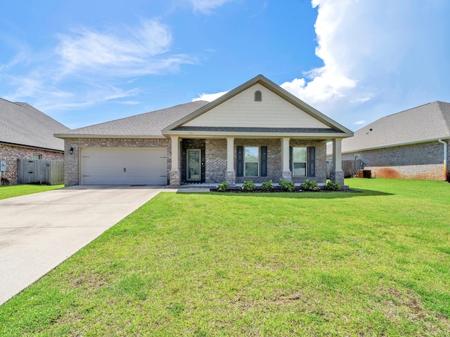 view of front of home with brick siding, covered porch, an attached garage, driveway, and a front lawn