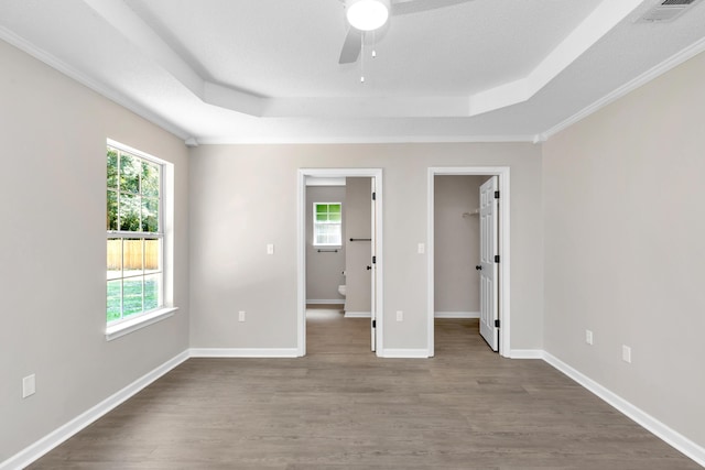 unfurnished bedroom featuring a raised ceiling, a spacious closet, ceiling fan, and wood-type flooring