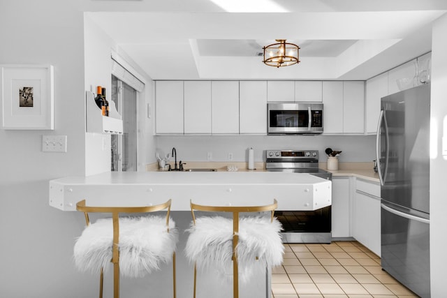 kitchen featuring sink, white cabinetry, a raised ceiling, and stainless steel appliances