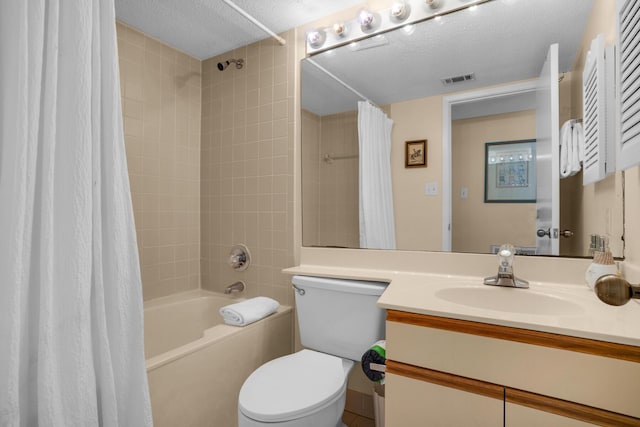 full bathroom featuring a textured ceiling, toilet, shower / bathtub combination with curtain, and vanity