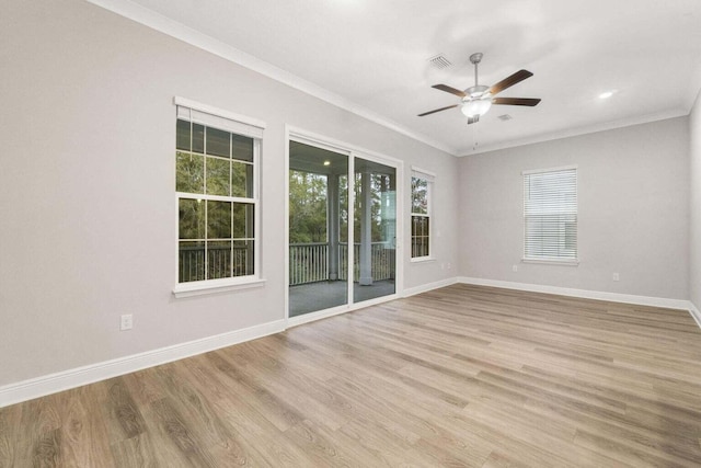 unfurnished room with crown molding, ceiling fan, and light wood-type flooring