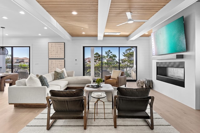 living room featuring wood ceiling, ceiling fan, beamed ceiling, and light hardwood / wood-style floors