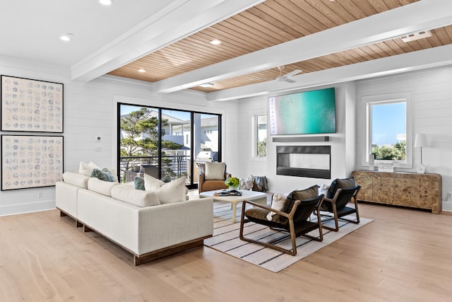 living room featuring beam ceiling, wooden walls, wooden ceiling, and light hardwood / wood-style floors