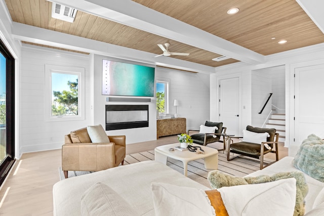 living room with beamed ceiling, ceiling fan, wooden walls, and light hardwood / wood-style flooring