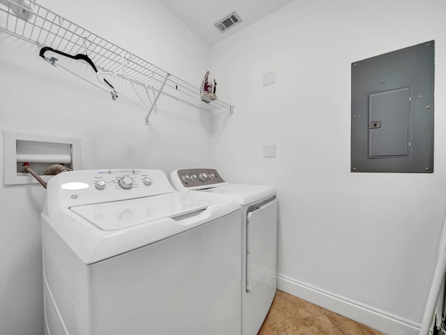 laundry room with washing machine and clothes dryer and electric panel