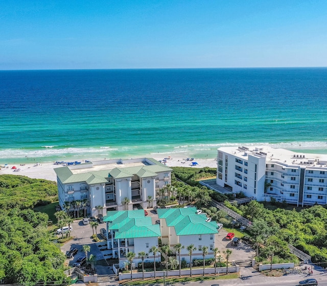 aerial view featuring a water view and a view of the beach