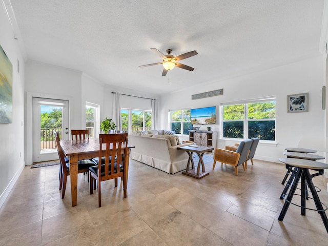 dining space with ceiling fan, a healthy amount of sunlight, and a textured ceiling