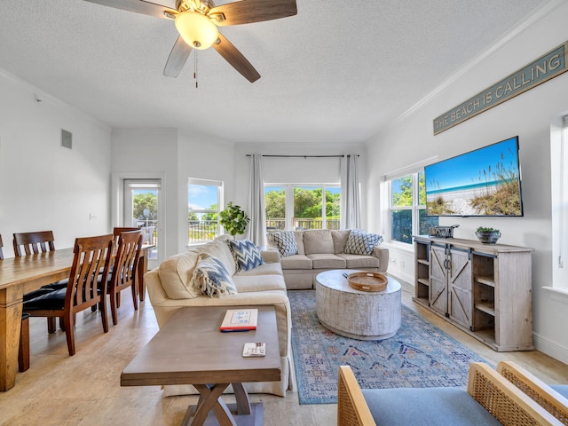 living room with ceiling fan and a textured ceiling