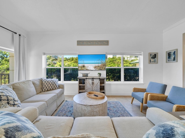 living room with a healthy amount of sunlight and light tile patterned floors