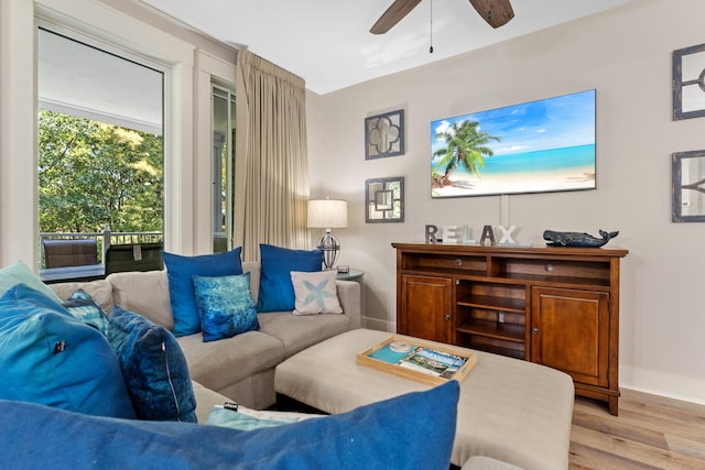 living room with ceiling fan and light hardwood / wood-style flooring