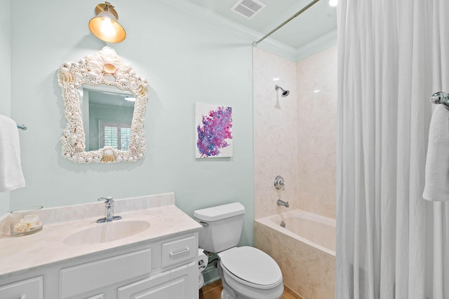 full bathroom featuring shower / tub combo, vanity, toilet, and ornamental molding