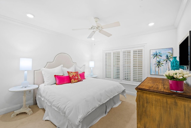 bedroom featuring light colored carpet, ceiling fan, and ornamental molding